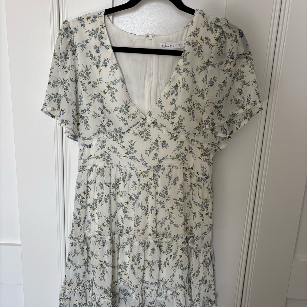 Lulu's Cream and Blue Floral Midi Dress